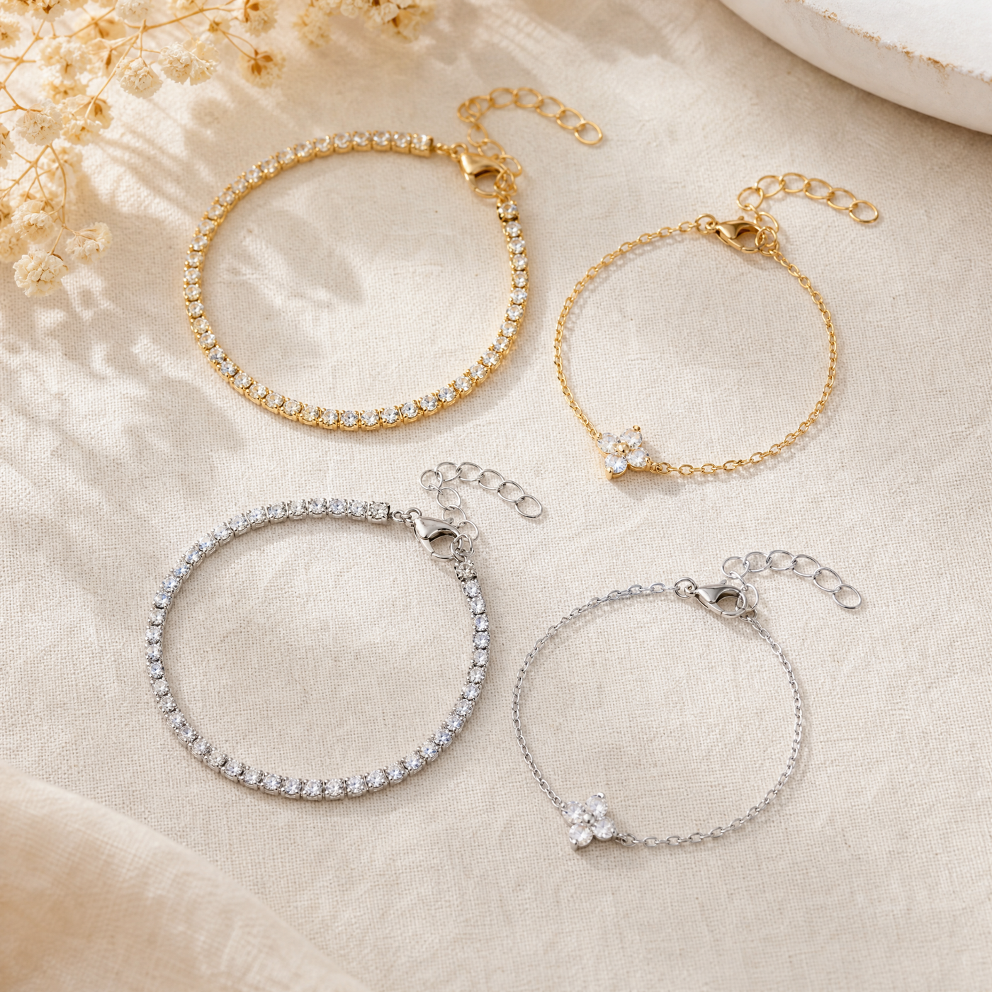 Gold Pavé Tennis & Flower CZ Bracelet Set – Dainty Layering Bracelets, Gift for Her