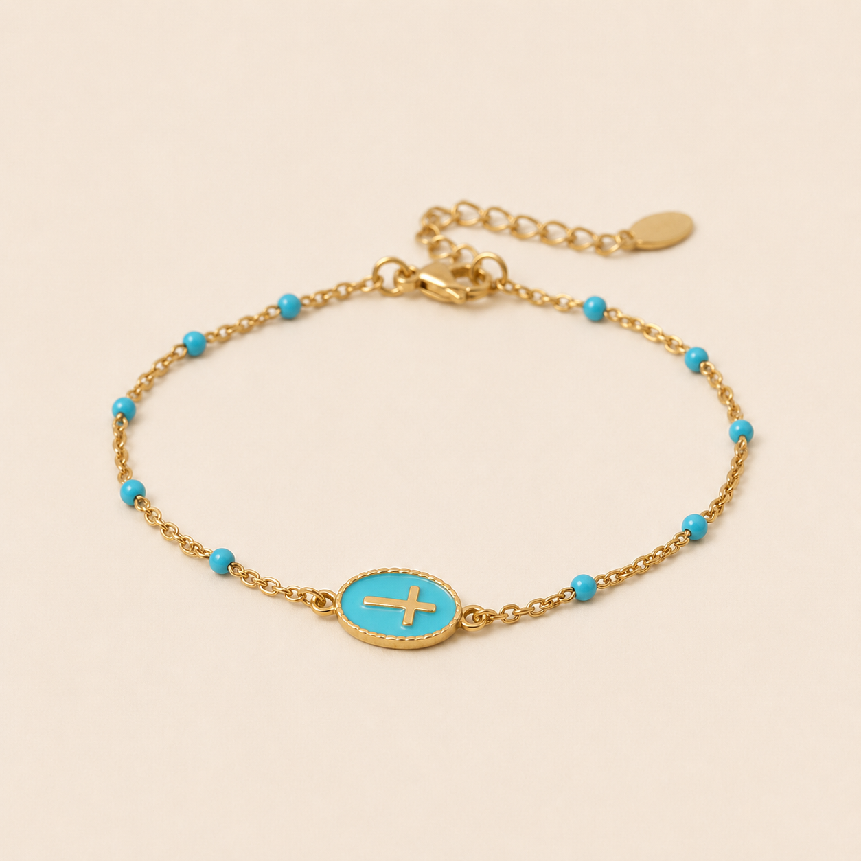 Gold Cross Charm Bracelet – Dainty Enamel Beaded Chain, Adjustable Faith Jewelry for Women