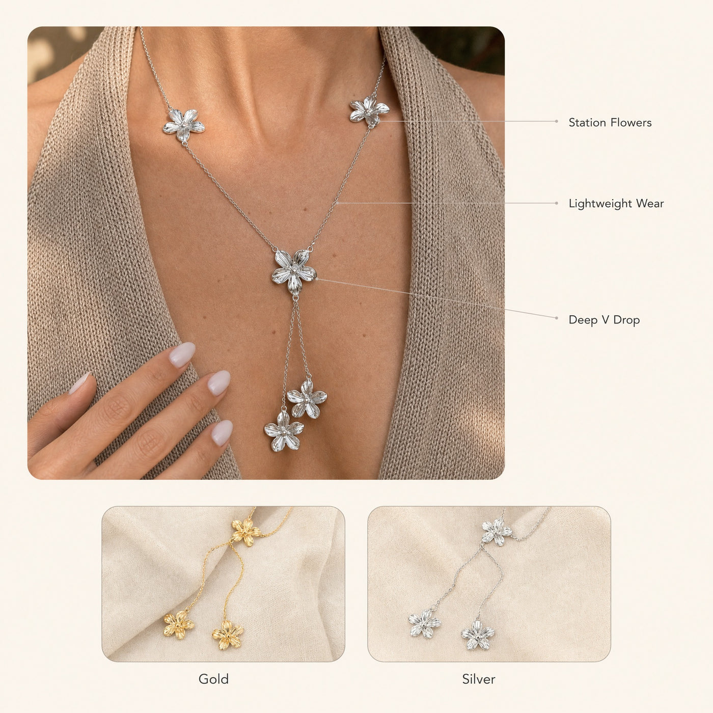Flower Lariat Necklace – Long Y-Drop Floral Chain Necklace, Gift for Her