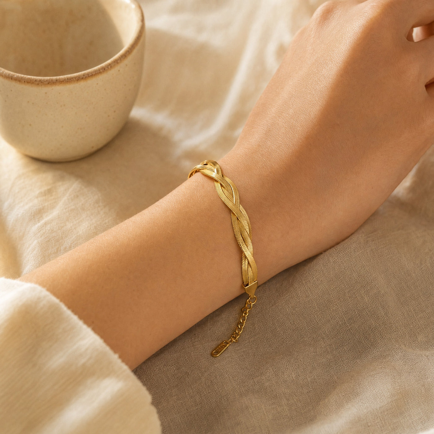 Braided Herringbone Bracelet – Gold Silver Woven Snake Chain Bracelet for Women