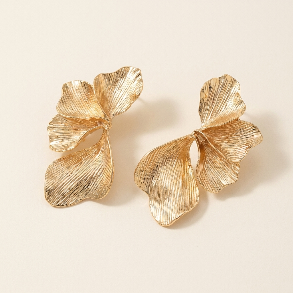 Large Flower Petal Earrings – Textured Statement Drop, Stainless Steel Floral Earrings for Her