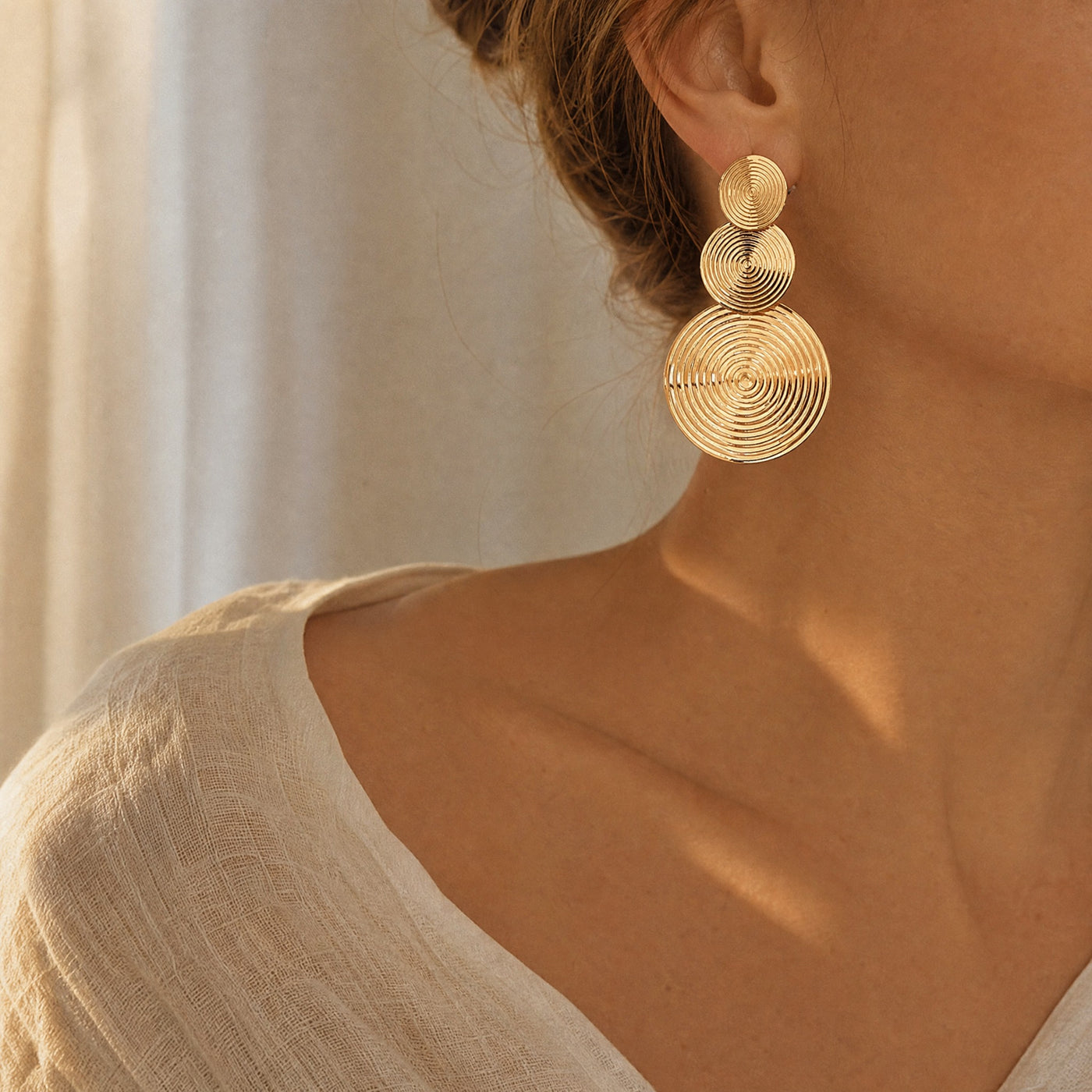 Gold Spiral Disc Drop Earrings – Bold Geometric Statement Dangle Earrings for Women