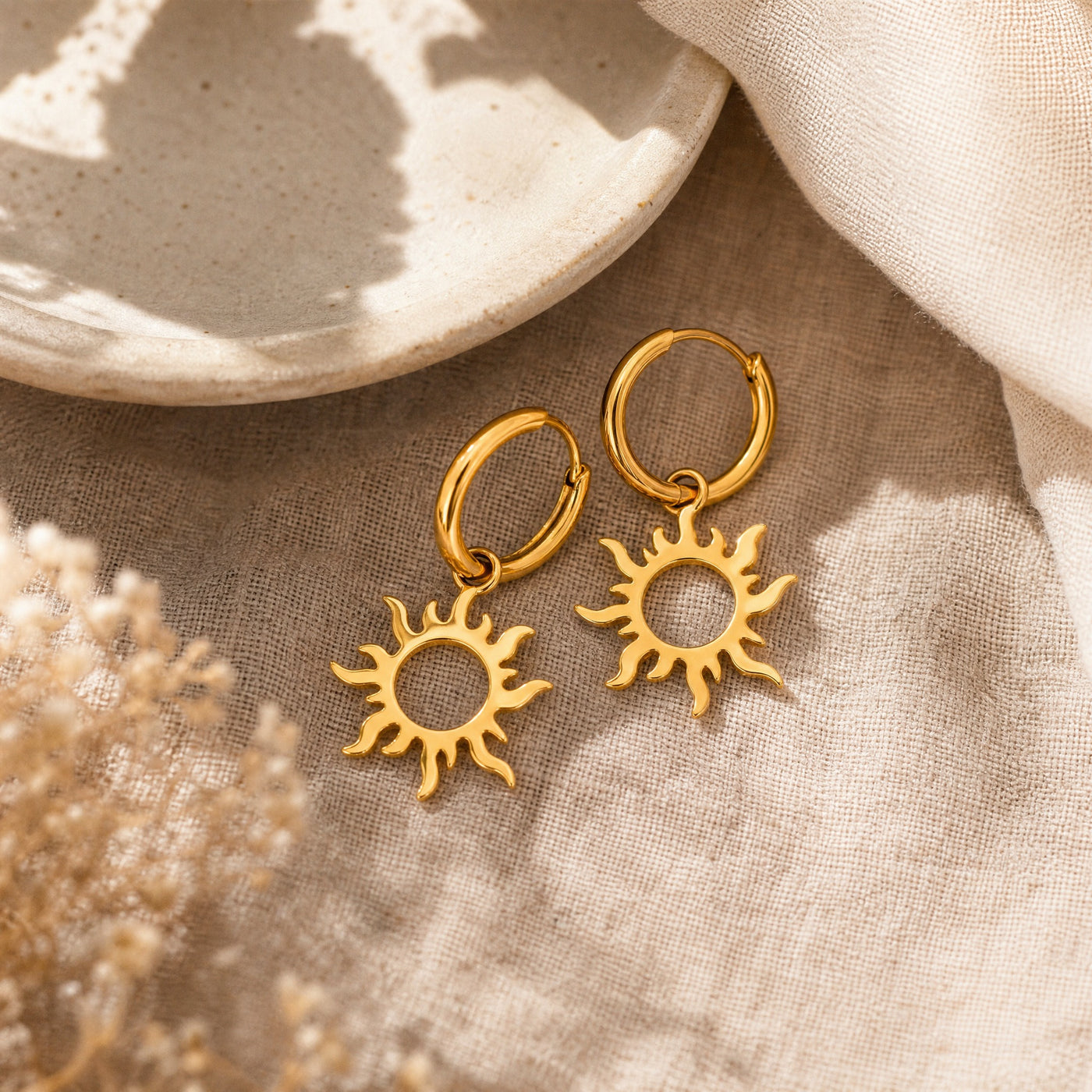 Gold Sun Charm Hoop Earrings – Dainty Celestial Drop Earrings, Boho Gift for Her