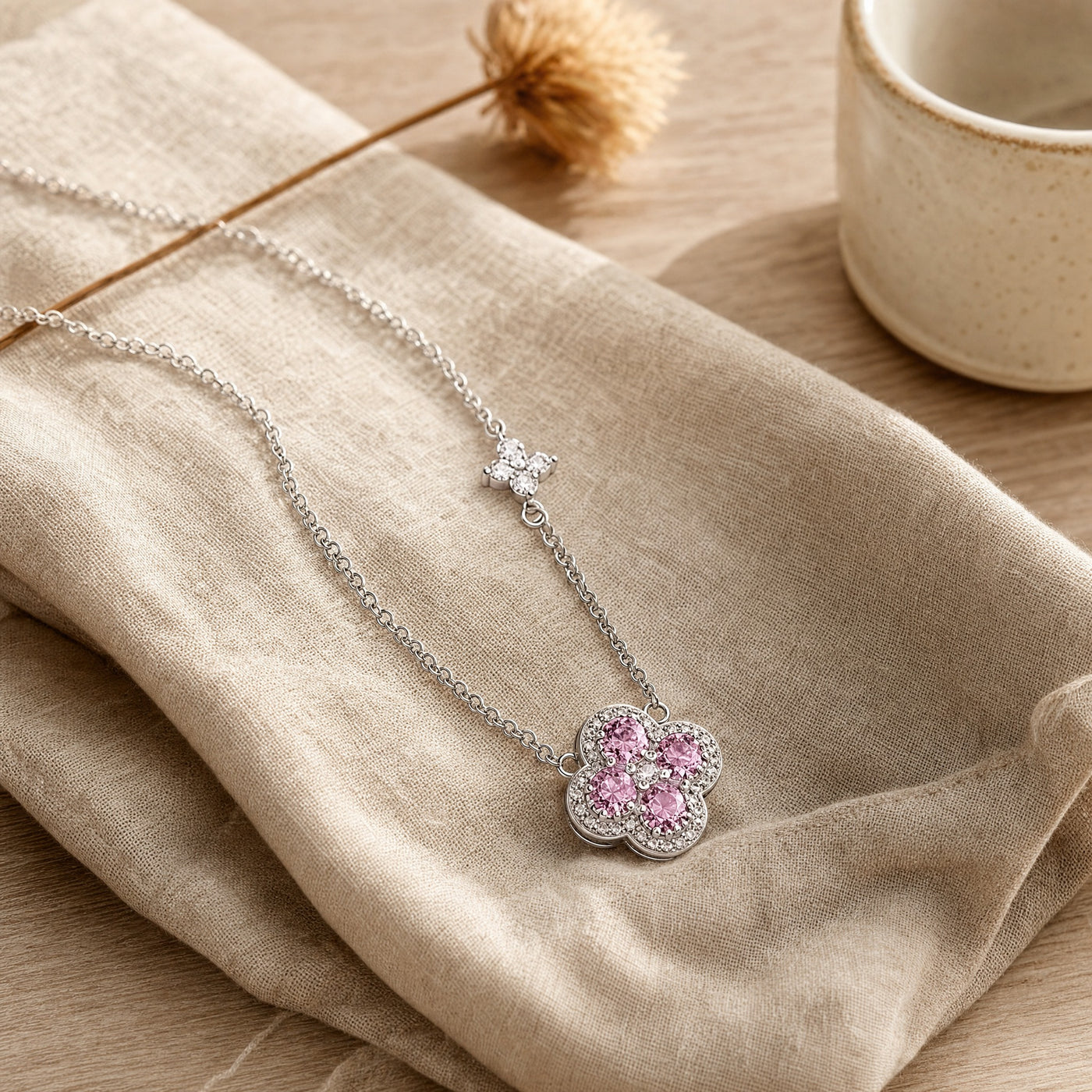 Silver Pavé Clover Pendant Necklace – S925 CZ Dainty Layering Necklace, Gift for Her
