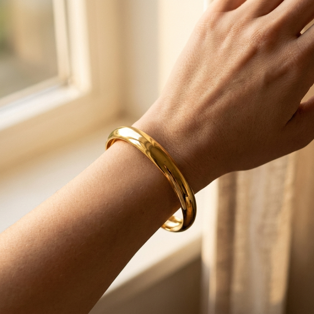 Gold Smooth Cuff Bangle – Chunky Stainless Steel Bracelet for Women, Waterproof Jewelry