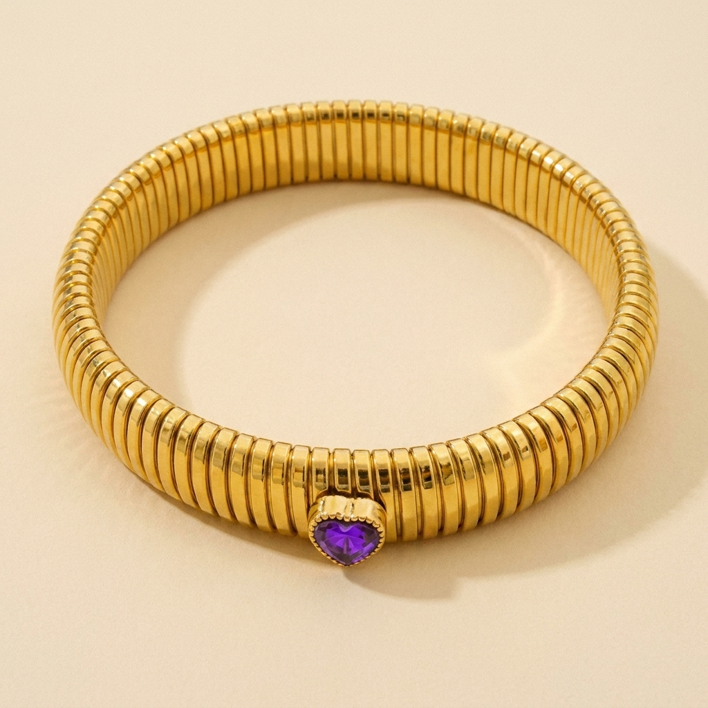Tubogas Heart Bracelet – Retro Ribbed Stretch Bangle, Dainty Gift for Her