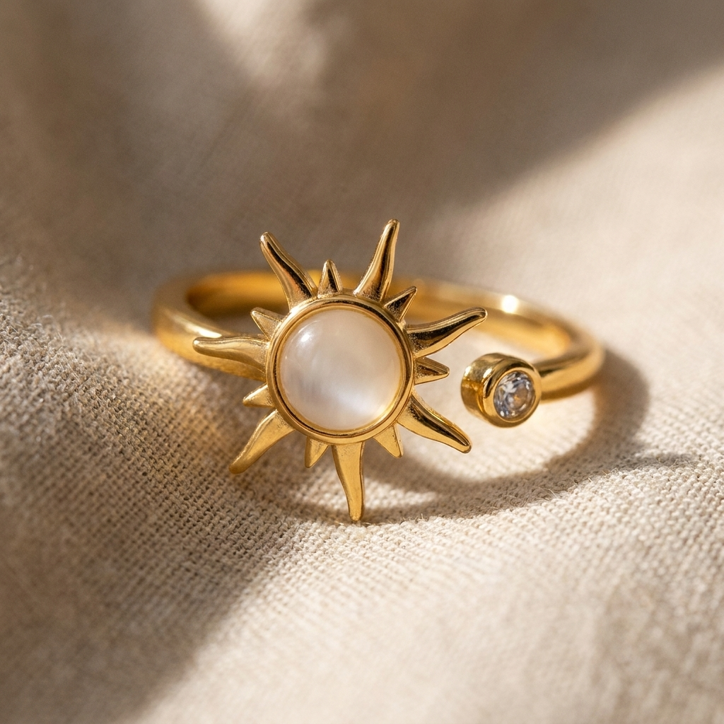 Sun Ring with Moonstone & CZ – Plated Stainless Steel Open Ring for Women