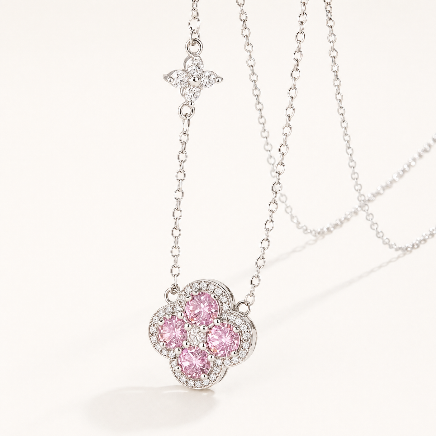 Silver Pavé Clover Pendant Necklace – S925 CZ Dainty Layering Necklace, Gift for Her