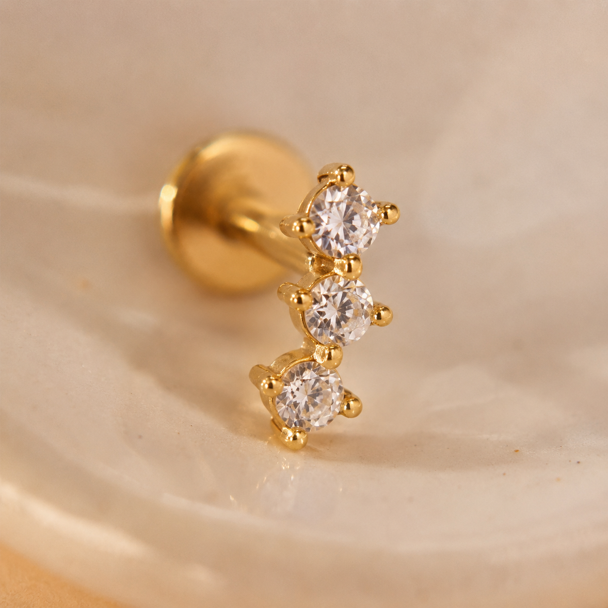 Triple CZ Flat Back Labret Earring – Dainty Gold Silver Cartilage Stud, Gift for Her