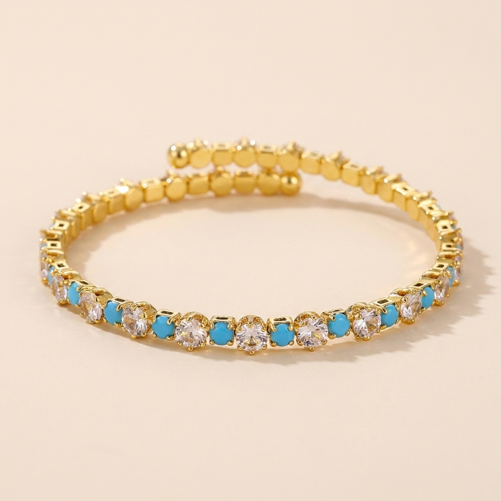 Turquoise CZ Gold Bangle – Dainty Pavé Tennis Bracelet, Boho Layering Jewelry Gift for Her
