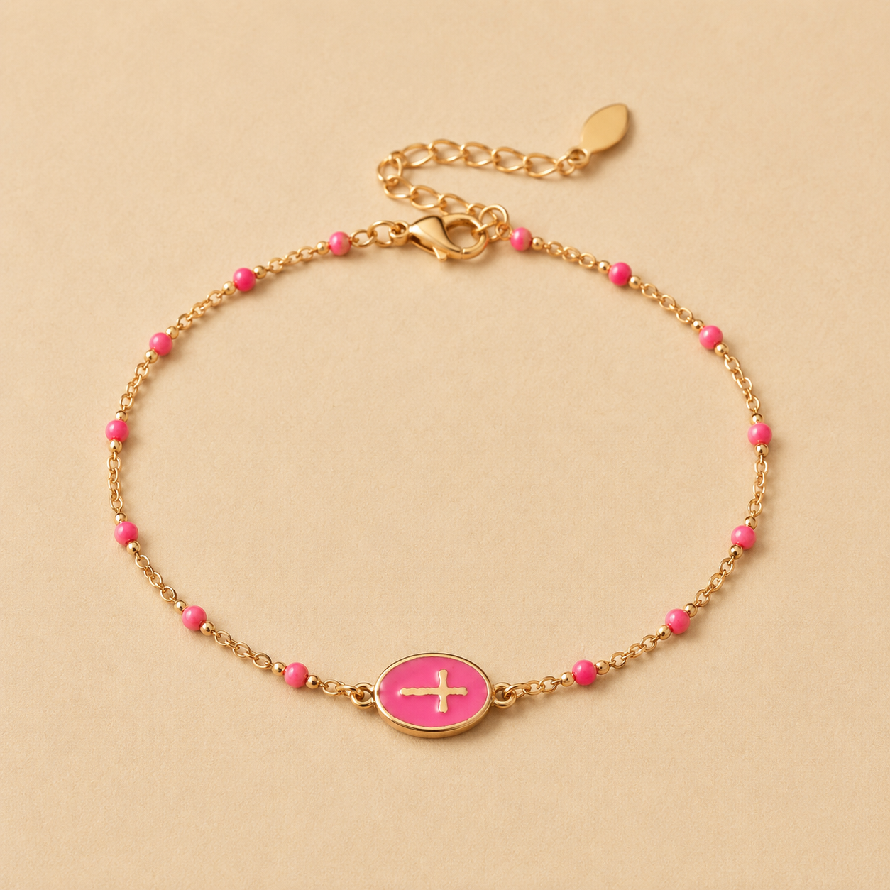 Gold Cross Charm Bracelet – Dainty Enamel Beaded Chain, Adjustable Faith Jewelry for Women