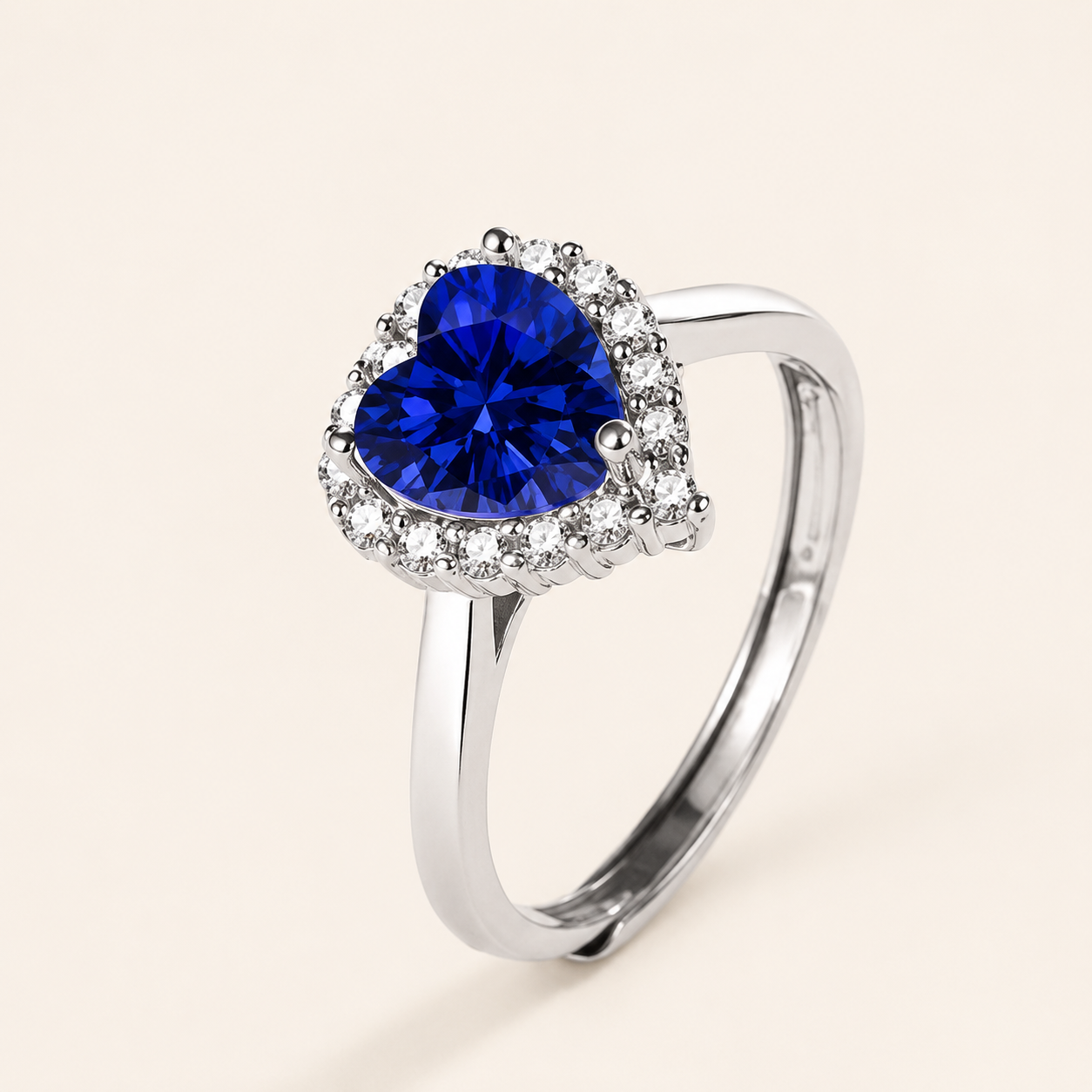 Silver Heart Zircon Ring – Adjustable Open Band, Pavé Halo CZ, Dainty Romantic Gift for Her