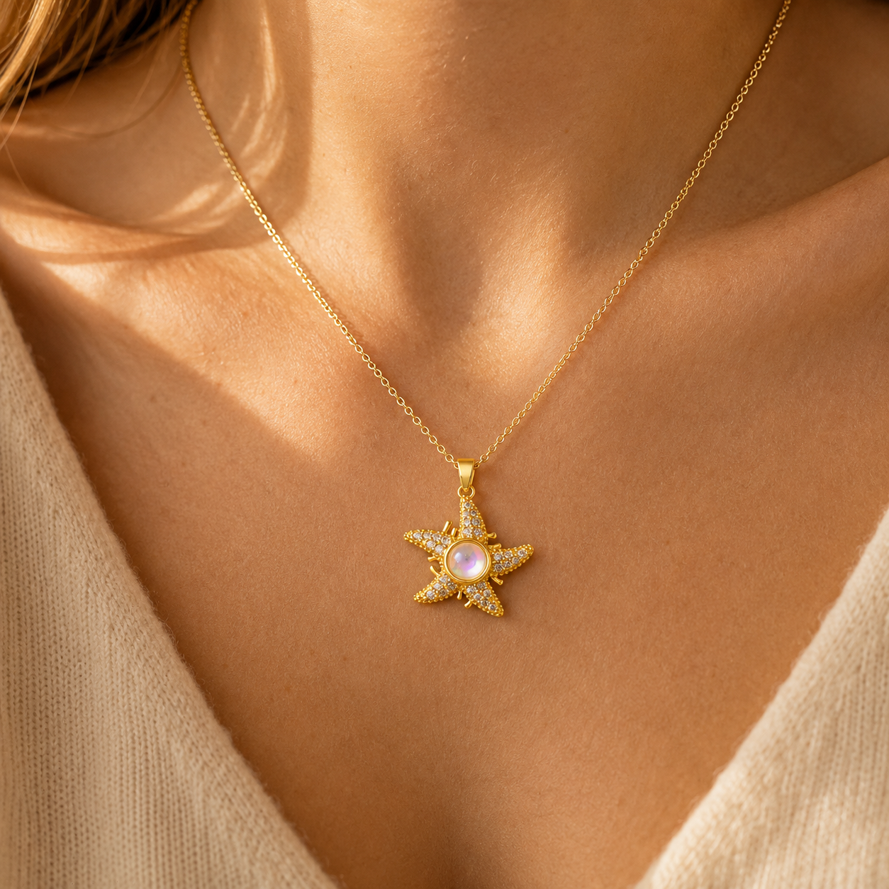 Gold Pavé Starfish Necklace – Dainty Moonstone CZ Pendant Collarbone Chain, Gift for Her