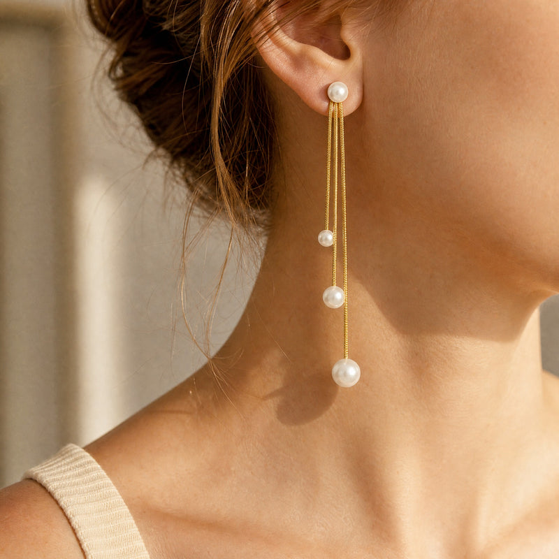 Pearl Multi-Chain Drop Earrings – Dainty Tassel Dangle, Gold Silver, Gift for Her