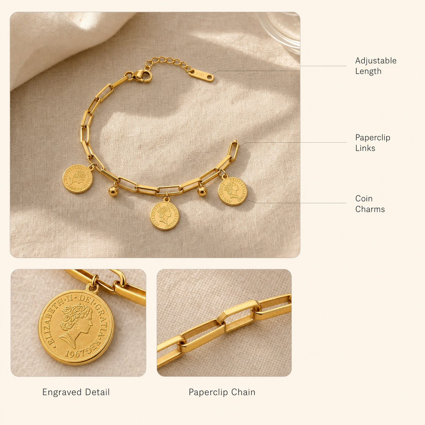 Coin Charm Paperclip Bracelet – Stackable Adjustable Chain Bracelet for Women