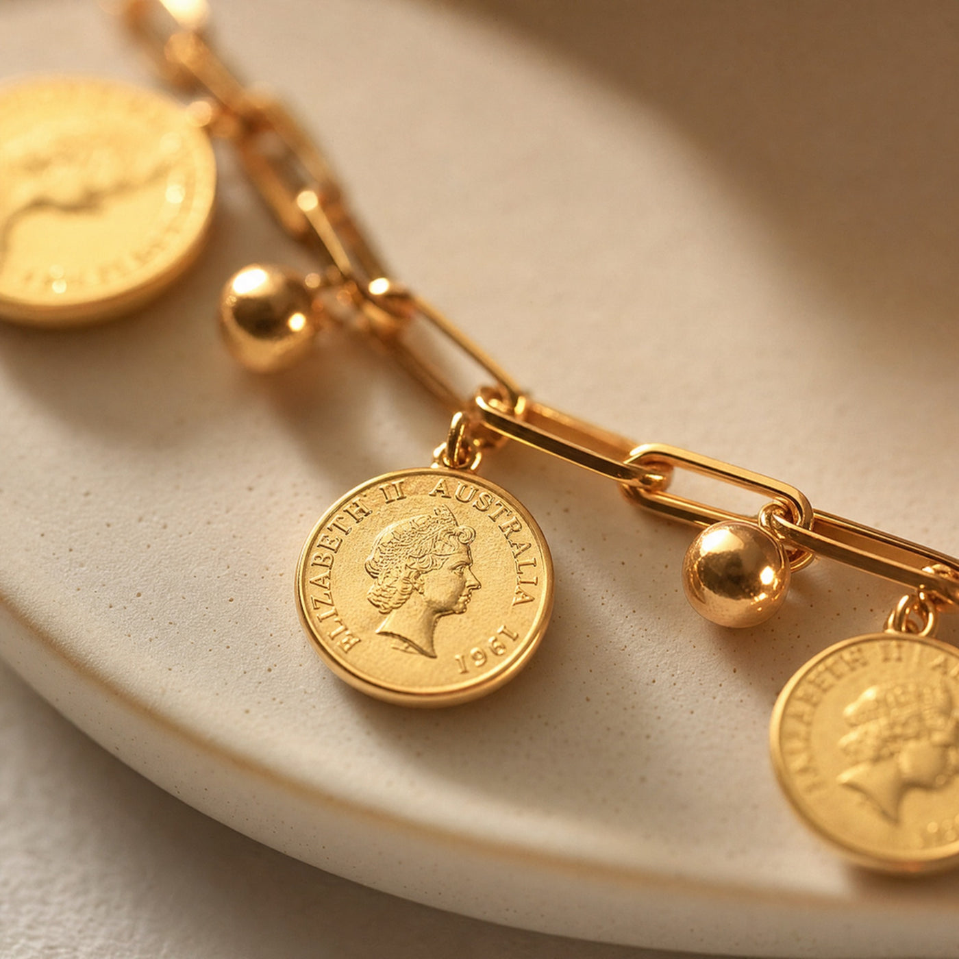 Coin Charm Paperclip Bracelet – Stackable Adjustable Chain Bracelet for Women