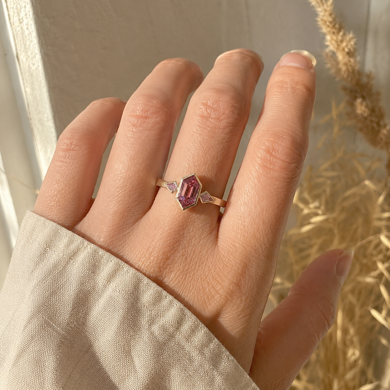Gold Pink CZ Geometric Ring – Dainty Gold Statement Ring, Minimalist Engagement Jewelry for Women