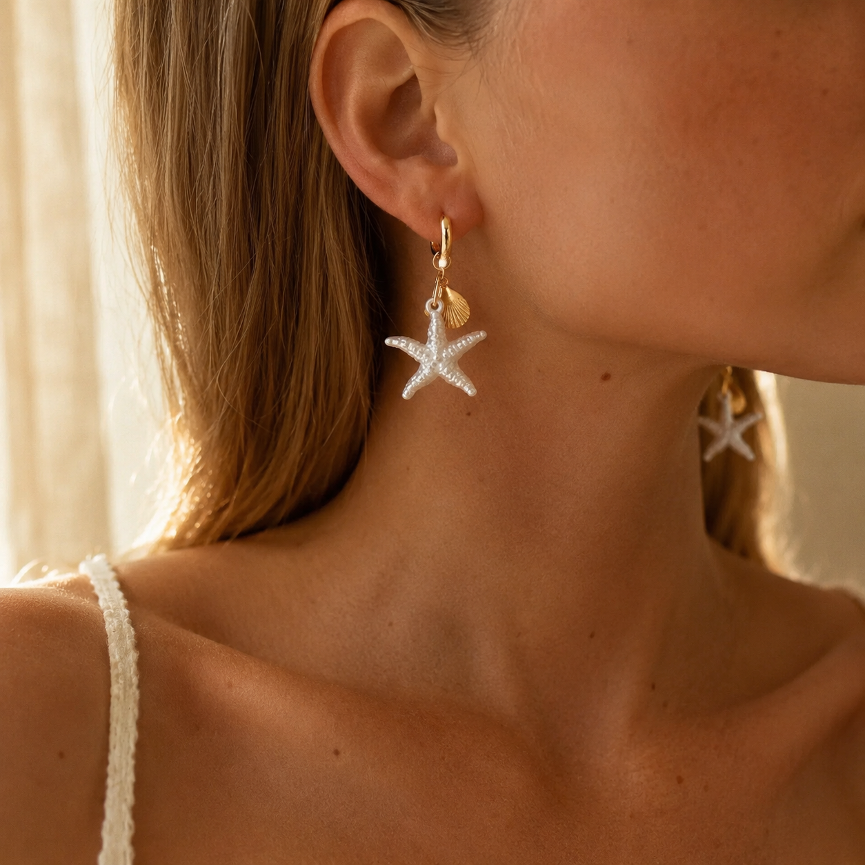 Gold Starfish Shell Hoop Earrings – Dangle Beach Jewelry, Boho Ocean Gift for Her