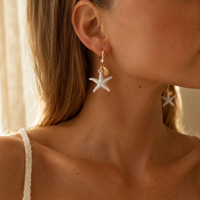 Gold Starfish Shell Hoop Earrings – Dangle Beach Jewelry, Boho Ocean Gift for Her