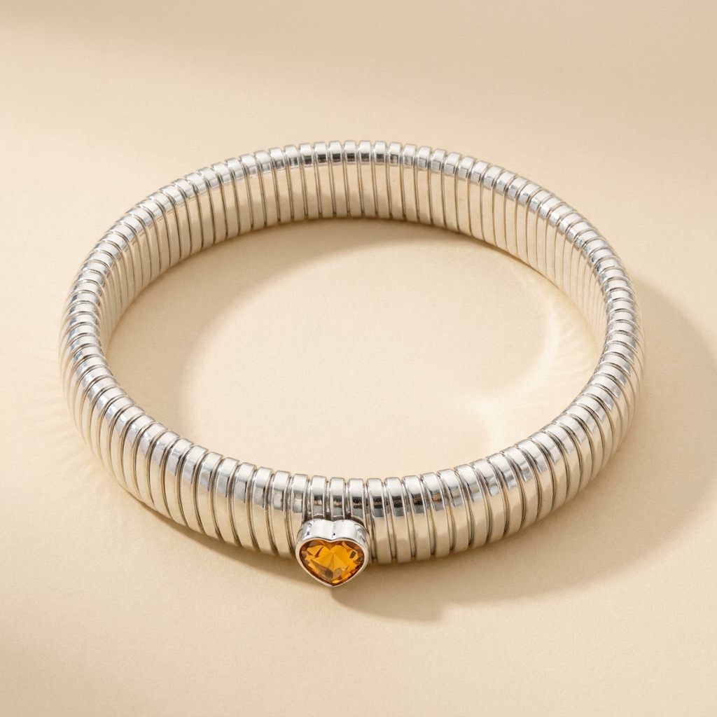 Tubogas Heart Bracelet – Retro Ribbed Stretch Bangle, Dainty Gift for Her