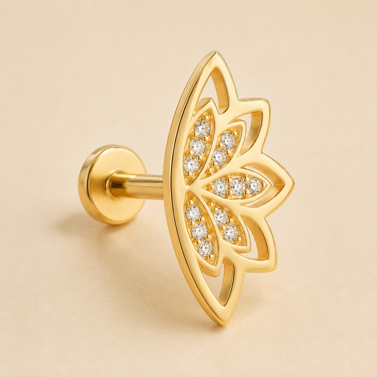Gold Pavé Lotus Flat Back Earring – 925 Silver CZ Helix Cartilage Stud, Gift for Her