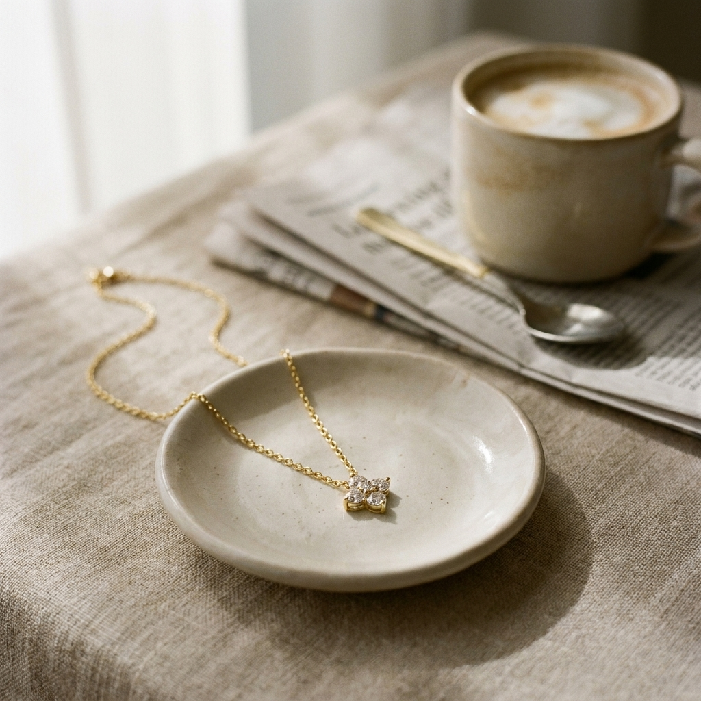 Gold Pavé Clover Pendant Necklace – Dainty CZ Four-Leaf Gold-Plated Chain Necklace Gift