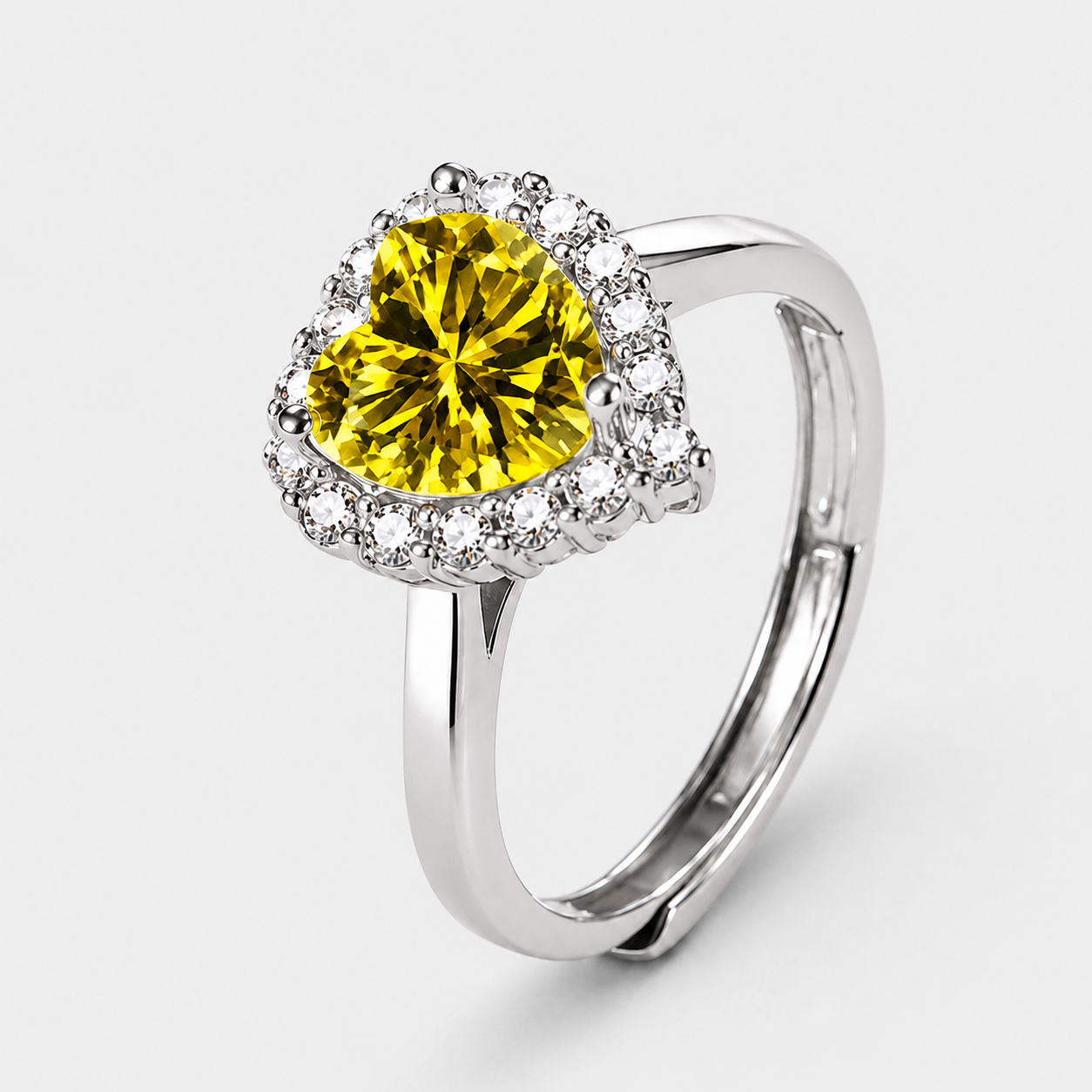 Silver Heart Zircon Ring – Adjustable Open Band, Pavé Halo CZ, Dainty Romantic Gift for Her