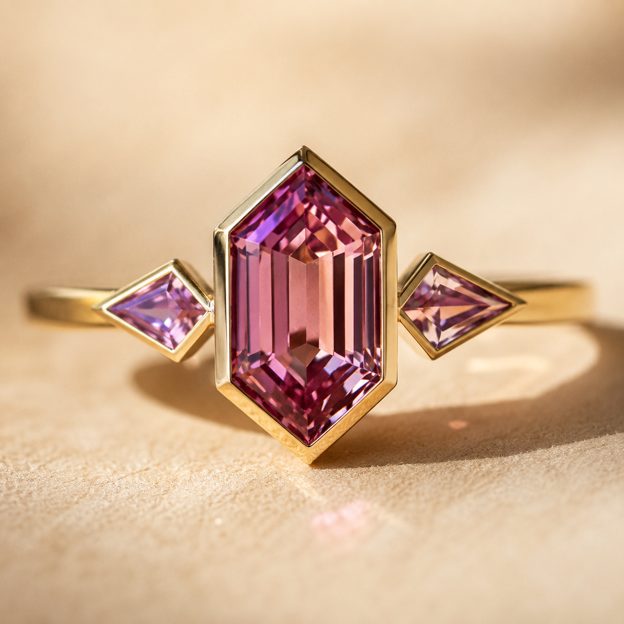 Gold Pink CZ Geometric Ring – Dainty Gold Statement Ring, Minimalist Engagement Jewelry for Women