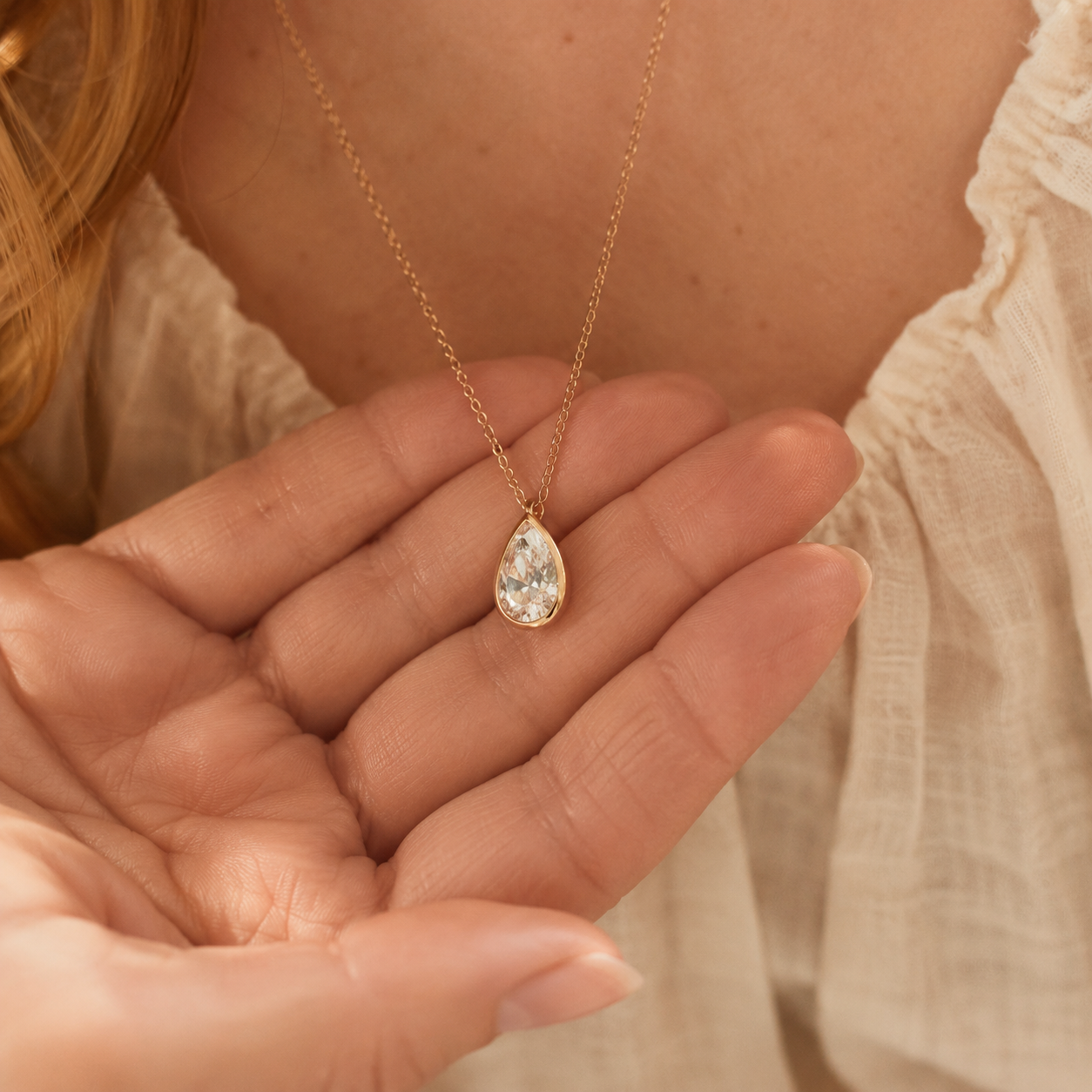 Gold Pear Drop CZ Pendant Necklace – Dainty Bezel Set Teardrop Necklace, Gift for Her