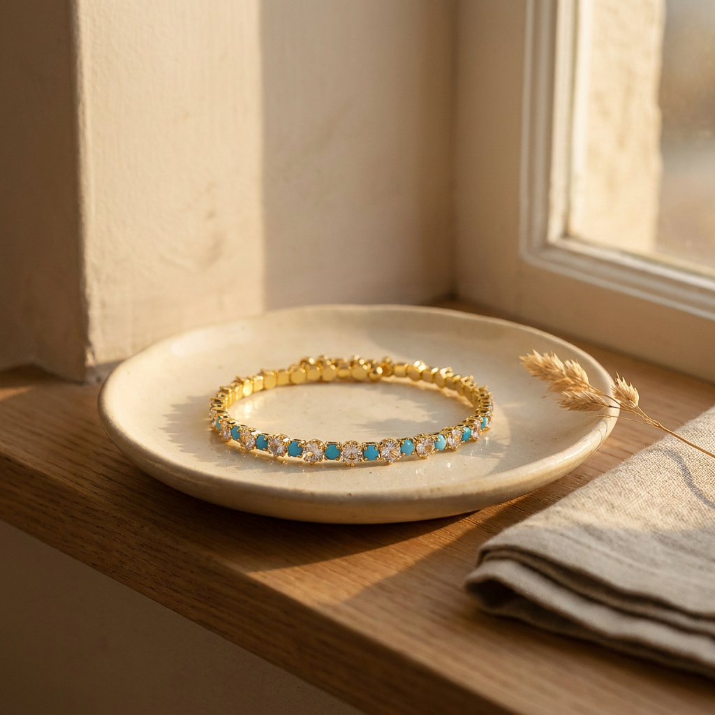 Turquoise CZ Gold Bangle – Dainty Pavé Tennis Bracelet, Boho Layering Jewelry Gift for Her