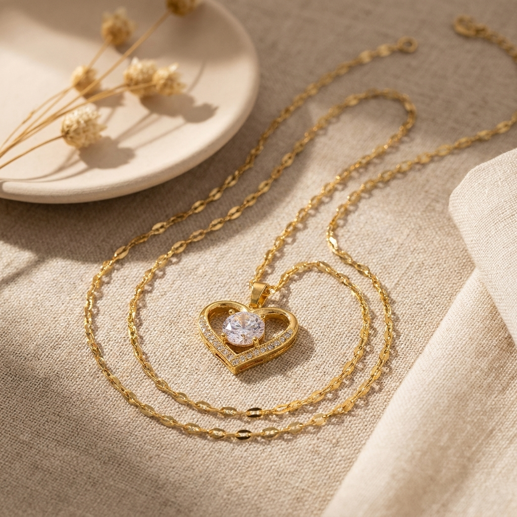 Gold Heart Pendant Necklace – Pavé CZ Dainty Chain, Gift for Her, Women Girls