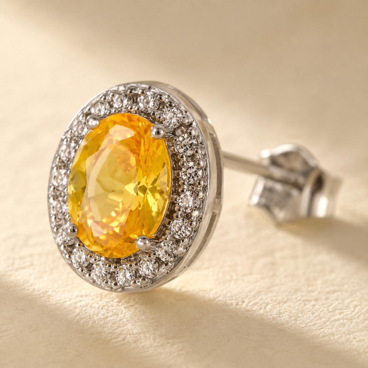 Silver Oval Crystal Halo Stud Earrings – Pavé CZ Gemstone Studs, Gift for Her