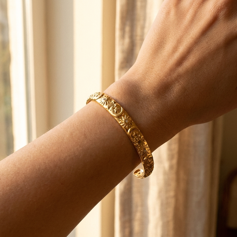 Gold Celestial Cuff Bracelet – Sun Moon Star Embossed Bangle, Stainless Steel