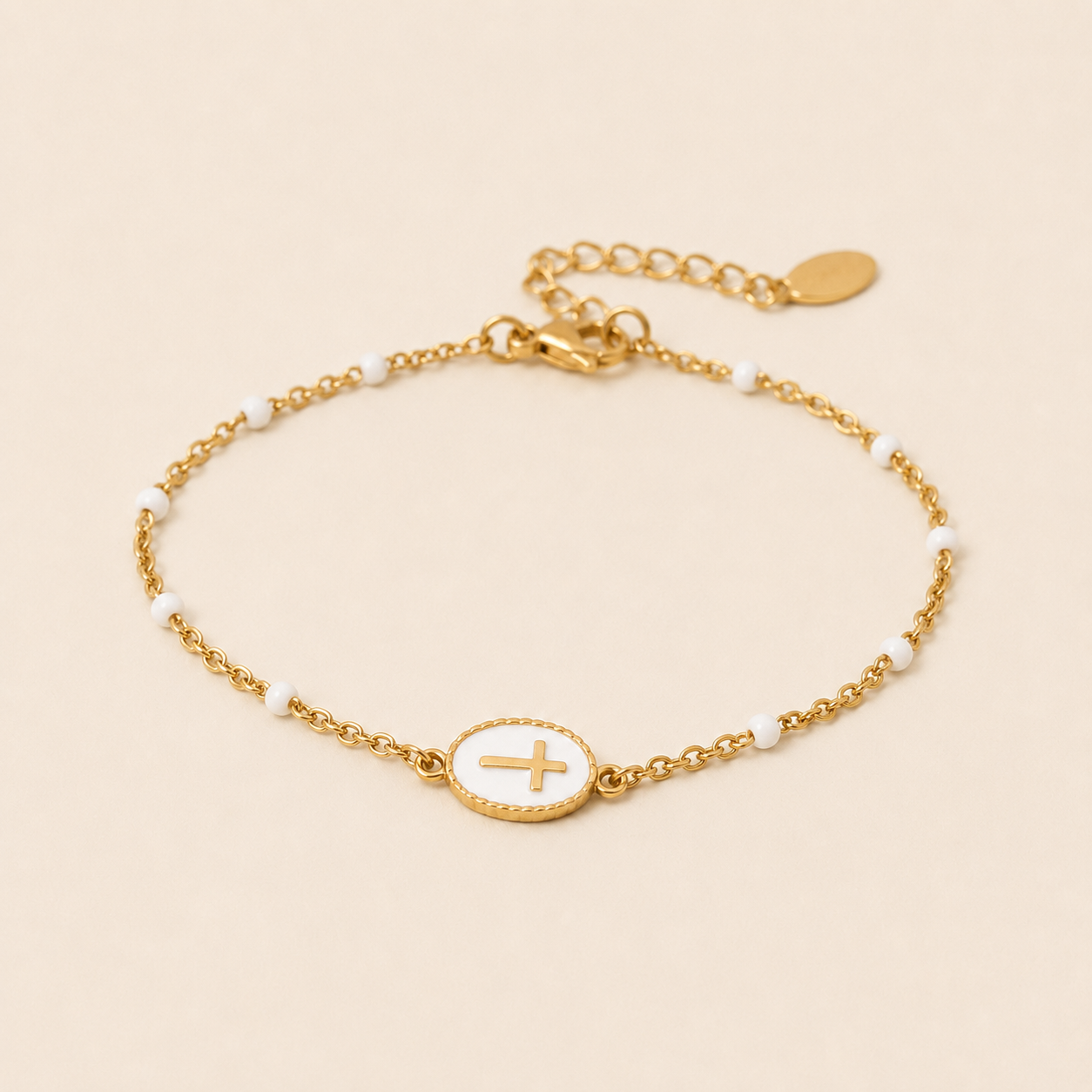 Gold Cross Charm Bracelet – Dainty Enamel Beaded Chain, Adjustable Faith Jewelry for Women
