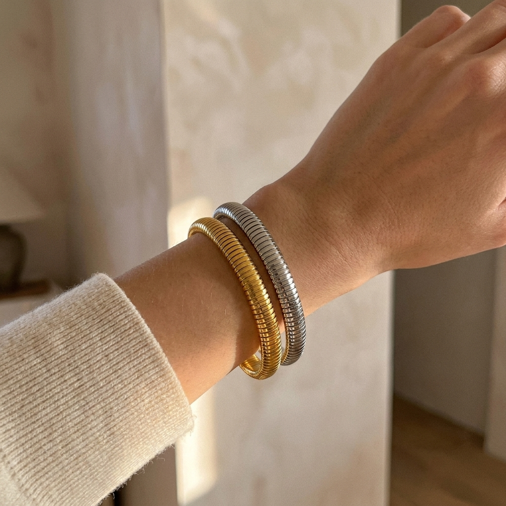 Gold Ribbed Cuff Bracelet – Elastic Stainless Steel Retro Bangle, Unisex Gift
