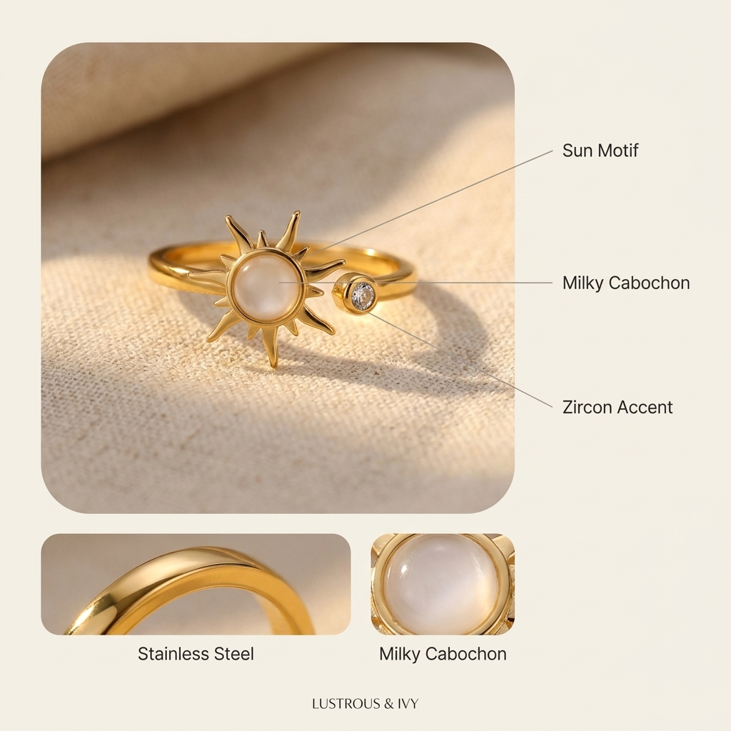 Sun Ring with Moonstone & CZ – Plated Stainless Steel Open Ring for Women