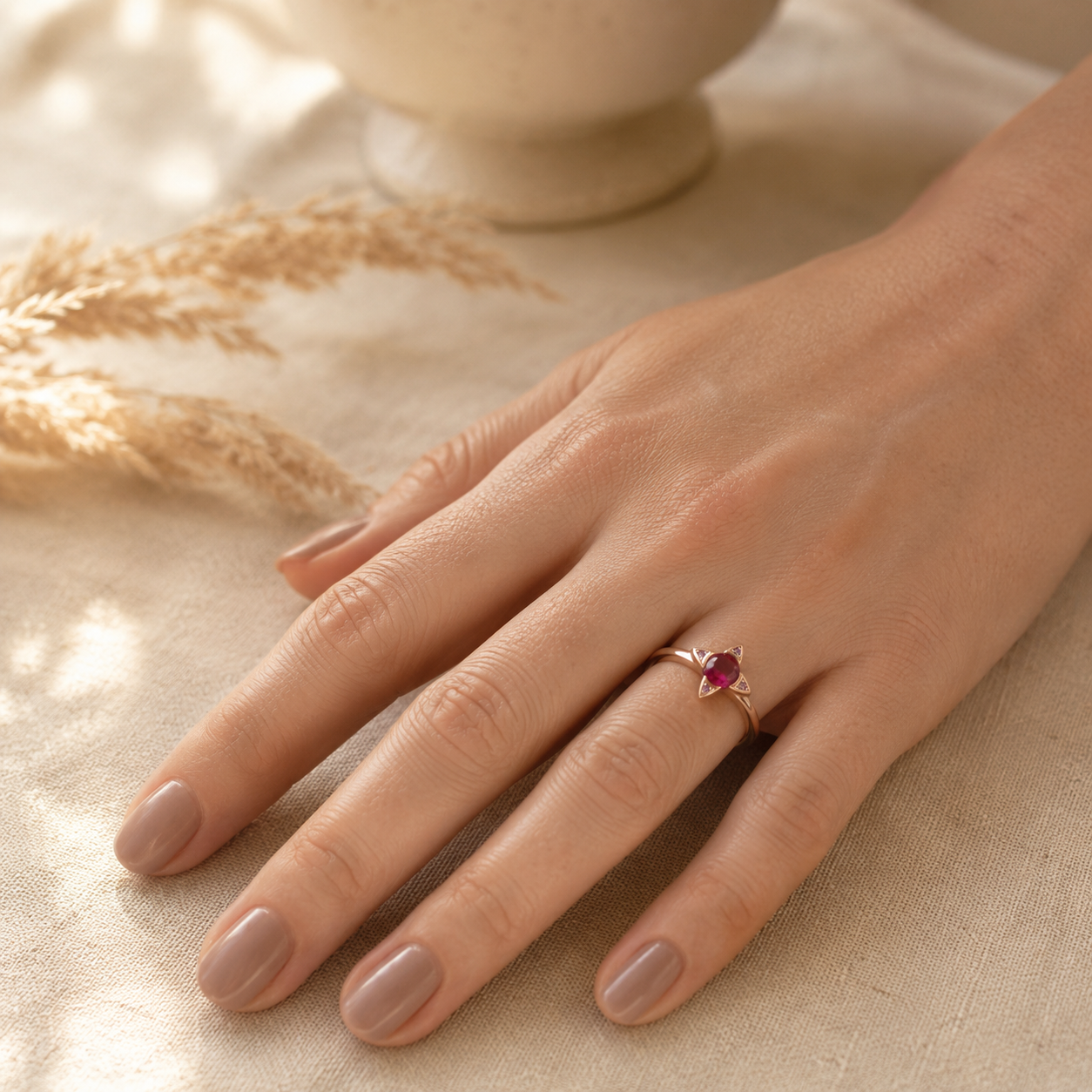 Rose Gold Star Ring – Ruby Red CZ Four-Point Star Ring for Her