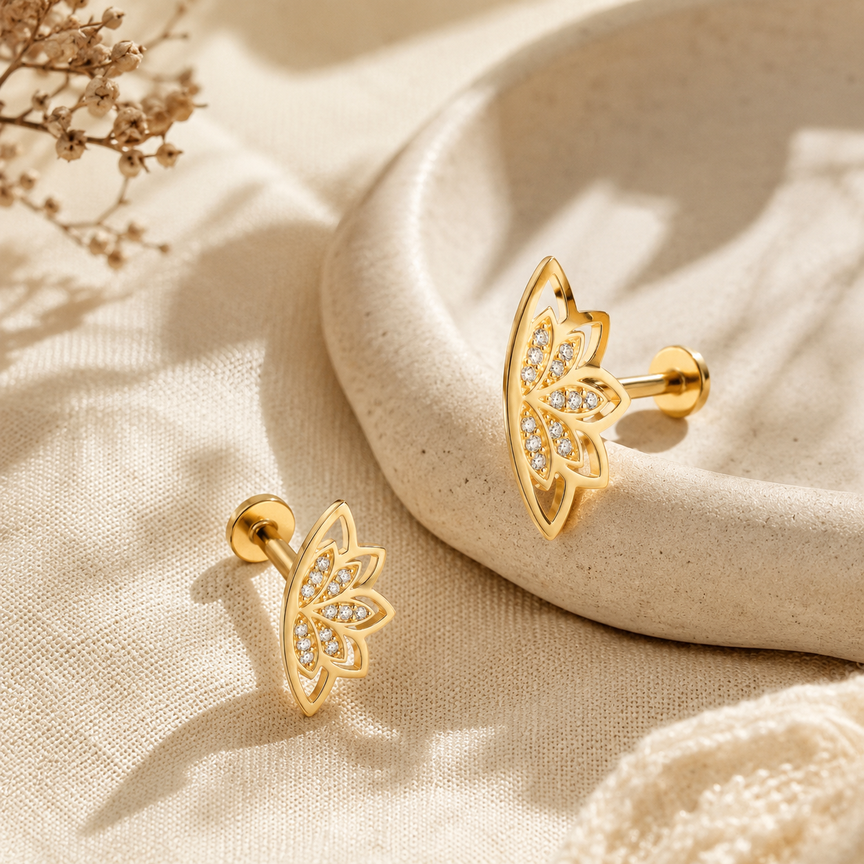 Gold Pavé Lotus Flat Back Earring – 925 Silver CZ Helix Cartilage Stud, Gift for Her