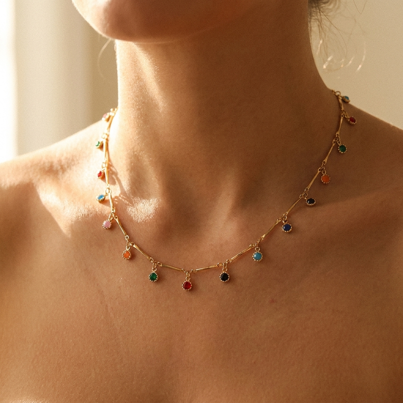 Multicolor Charm Choker Necklace – Dainty Gold Silver Colorful Bead Tassel Chain, Gift for Her