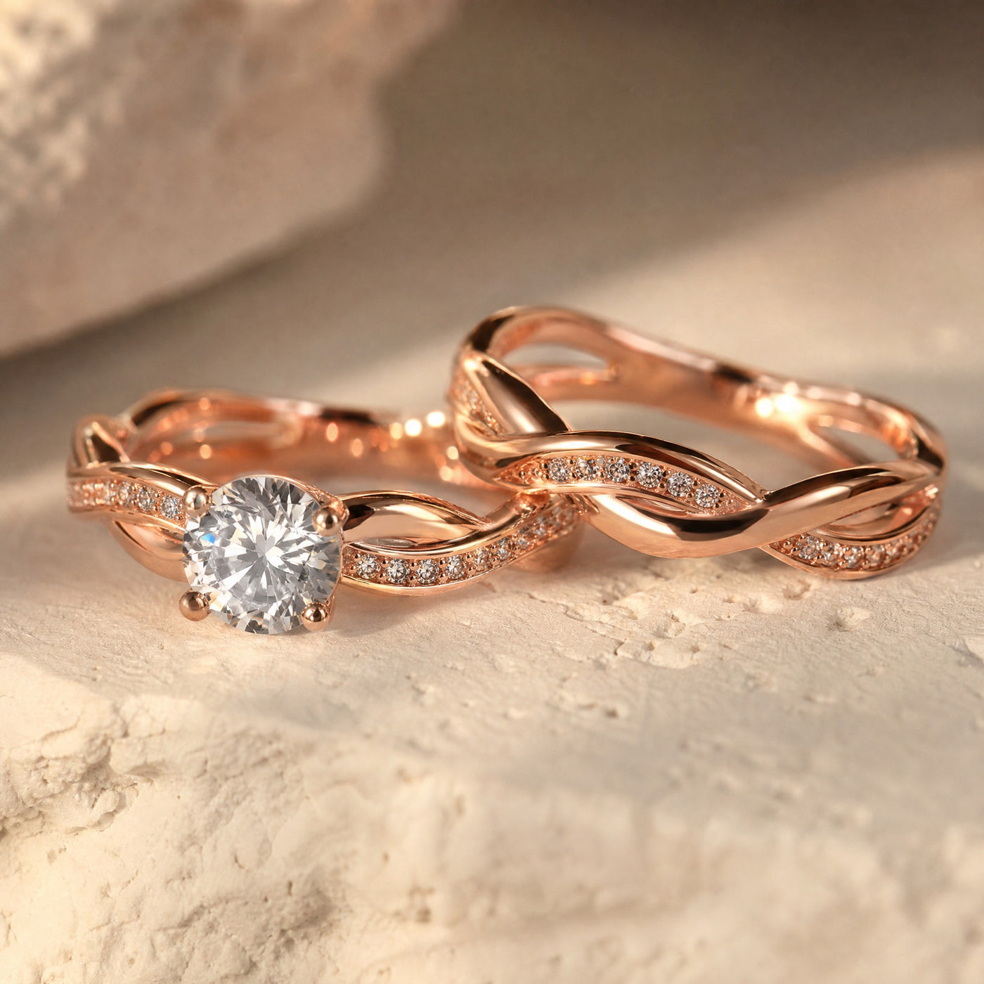 CZ Bridal Ring Set – Twisted Band Engagement Rings in Silver Gold Rose Gold for Women