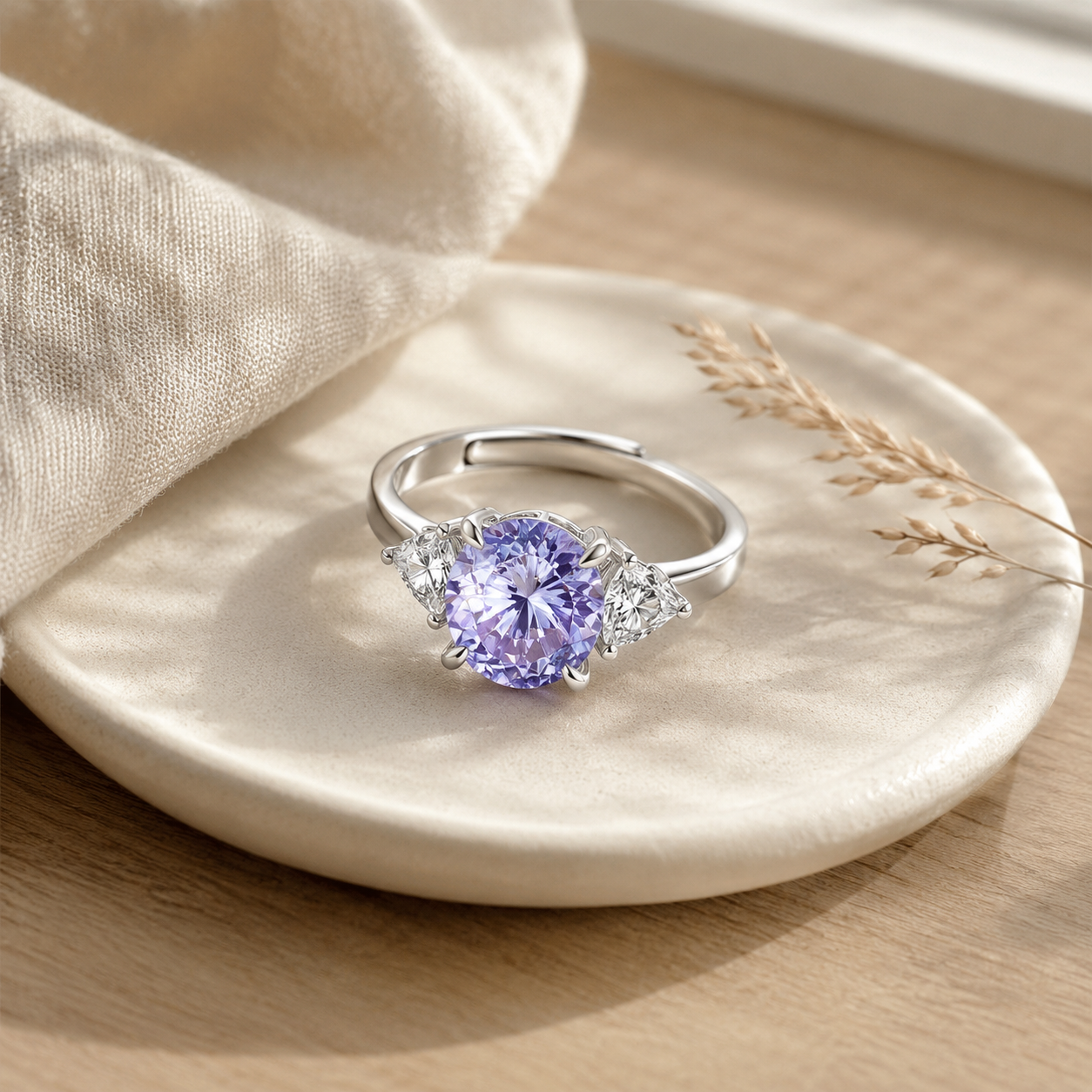 Silver Purple CZ Three Stone Ring – Adjustable Oval Ice Flower Cut Sterling Look Promise Ring