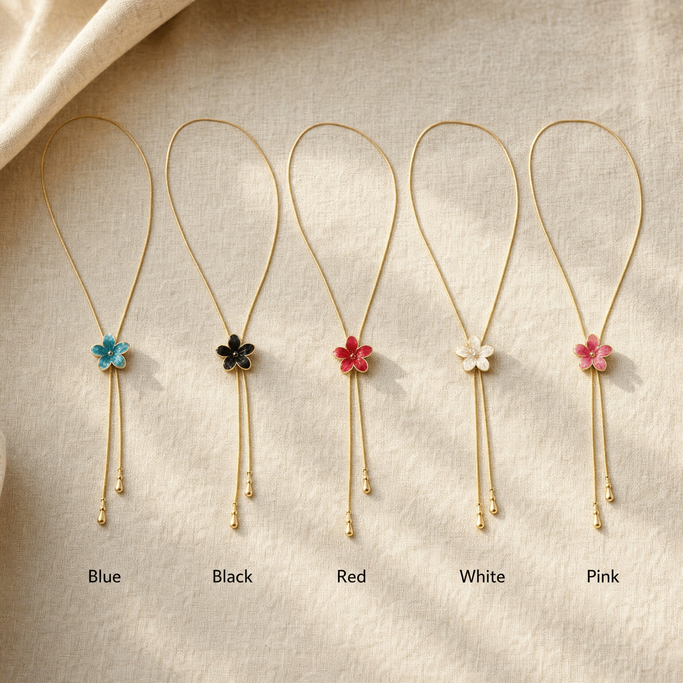 Enamel Flower Y Necklace – Adjustable Long Chain Floral Pendant, Minimalist Gift for Her