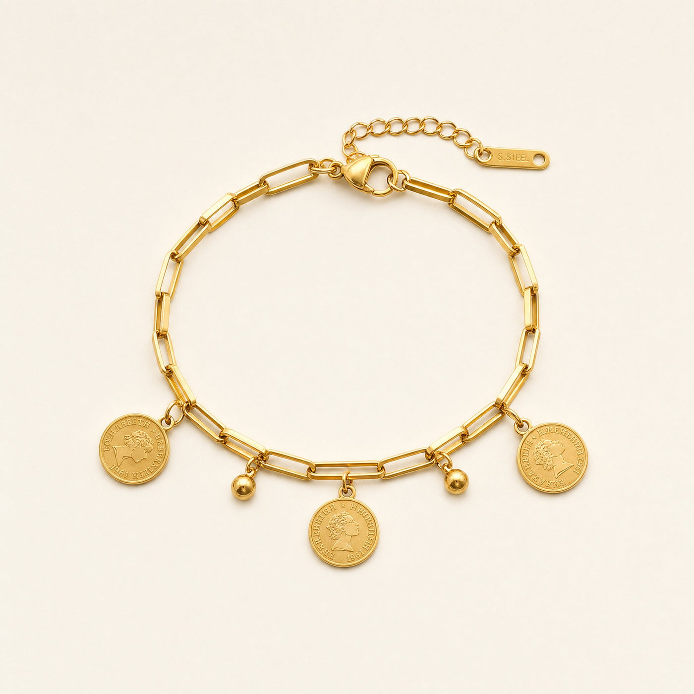 Coin Charm Paperclip Bracelet – Stackable Adjustable Chain Bracelet for Women