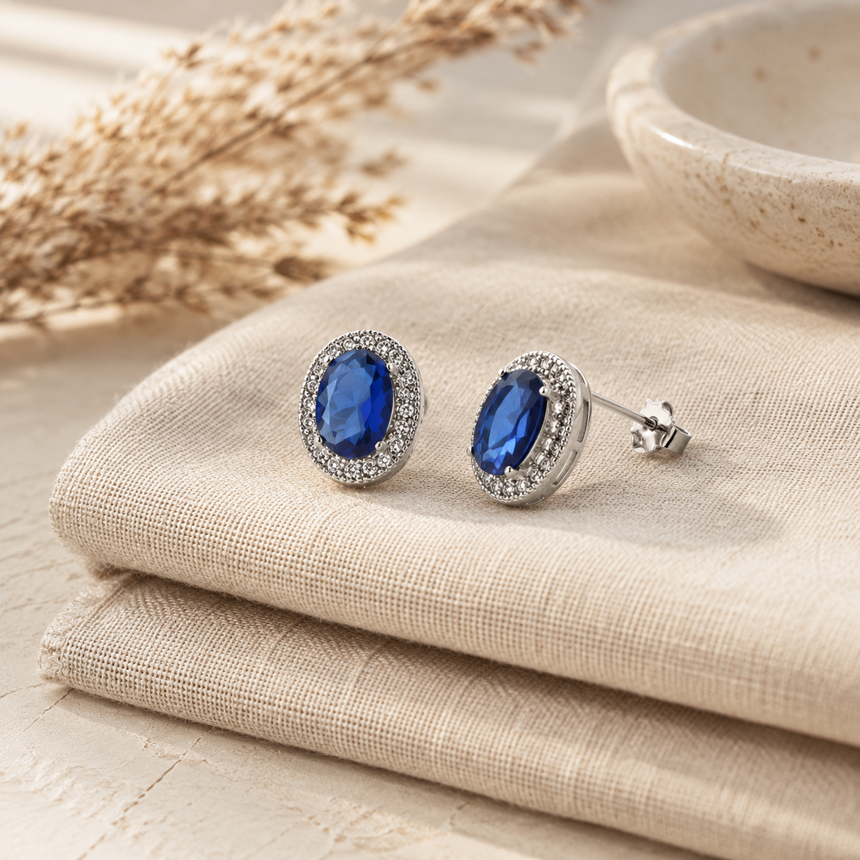 Silver Oval Crystal Halo Stud Earrings – Pavé CZ Gemstone Studs, Gift for Her