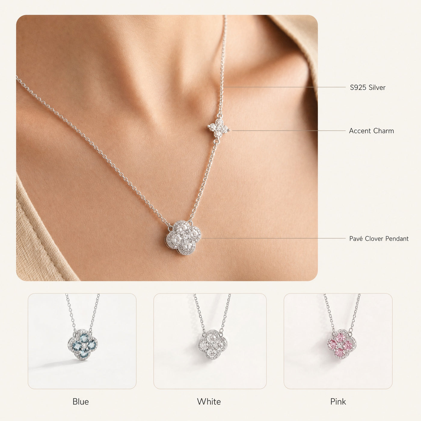 Silver Pavé Clover Pendant Necklace – S925 CZ Dainty Layering Necklace, Gift for Her