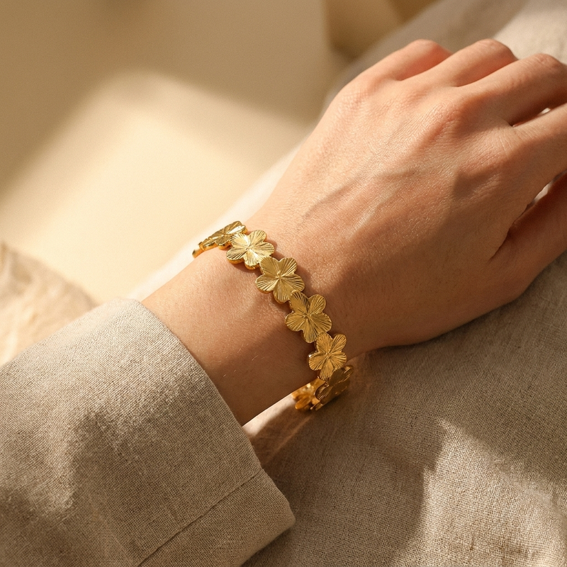 Gold Floral Cuff Bracelet – Open Bangle Flower Wrist Jewelry, Dainty Gold Gift for Women