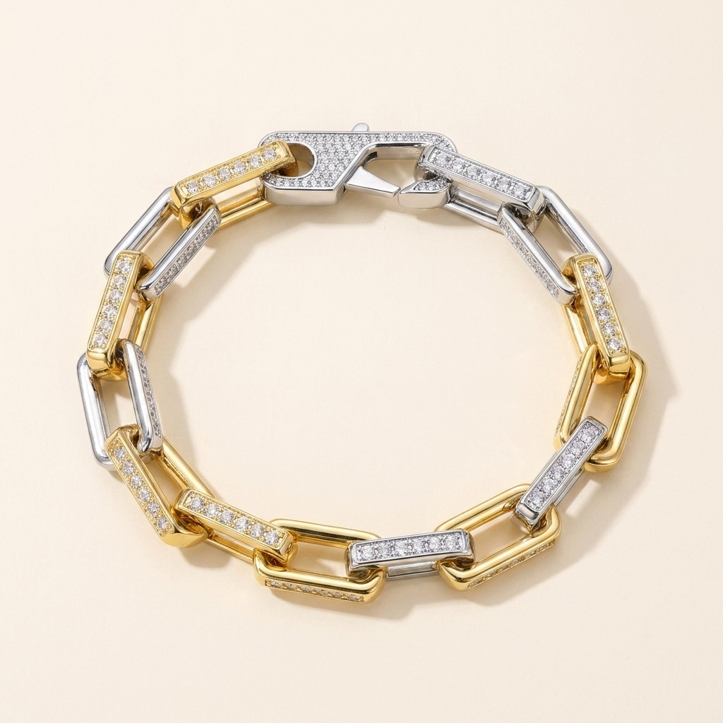 Pavé Chain Link Bracelet – CZ Rectangle Link Silver Gold Unisex Statement Bracelet