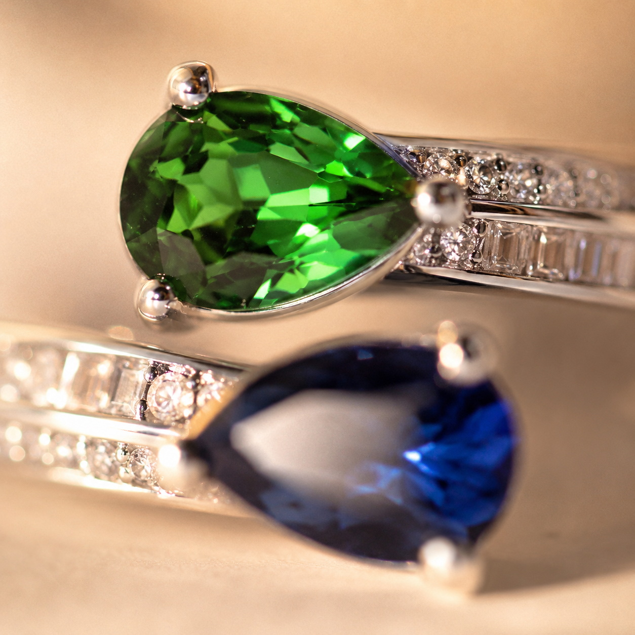Blue Green Dual Teardrop CZ Ring – Silver Open Bypass Pear Stone Ring for Women