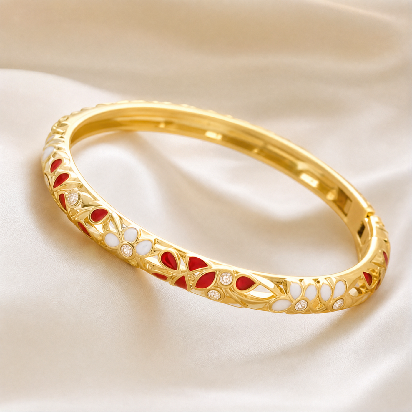 Gold Enamel Flower Bangle – Vintage Floral Copper Bracelet, Dainty Gift for Her
