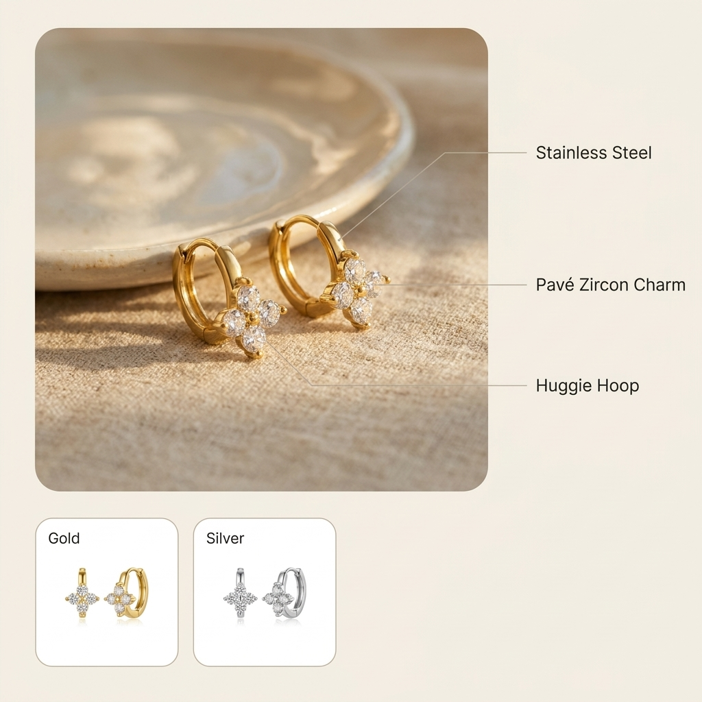 Pavé Clover Hoop Earrings – Dainty CZ Charm Huggie Hoops, Gift for Her